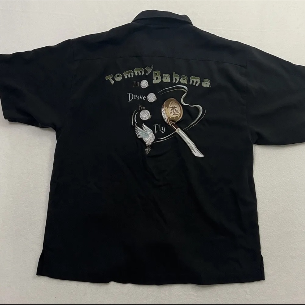 Tommy Bahama “I’ll Drive You Fly” Black Embroidered Silk Button Up